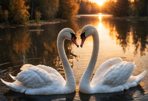 Imagen romántica pareja de cisnes en el lago al atardecer IA generativa