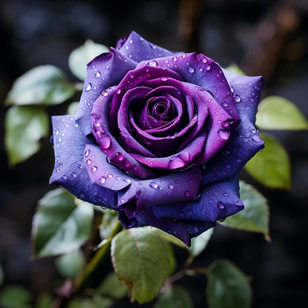 Una imagen de una rosa morada con gotas de lluvia.