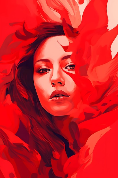 Imagen de rostro de mujer con cabello rojo y fondo rojo IA generativa