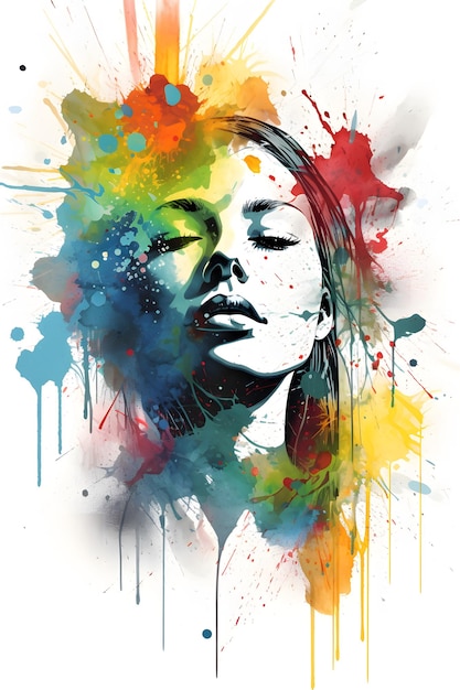 Imagen del rostro de una mujer con salpicaduras de pintura de colores IA generativa