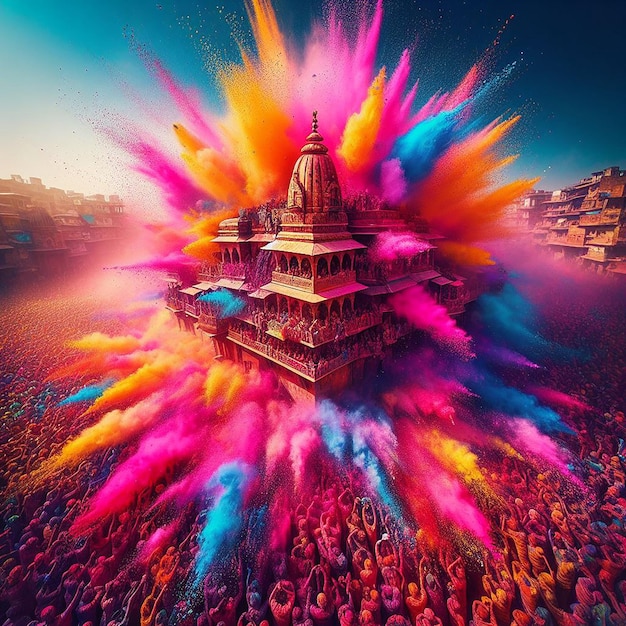 Una imagen de una salpicadura de polvo de color en un festival de Holi en la India