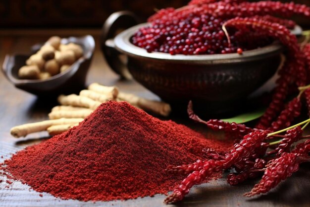 una imagen de una salsa de arándano rojo y un plato de canela.