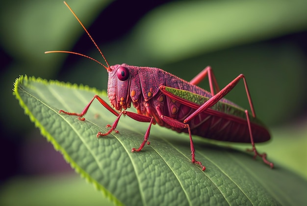 Una imagen de un saltamontes rojo sobre una hoja verde tomada en un jardín.