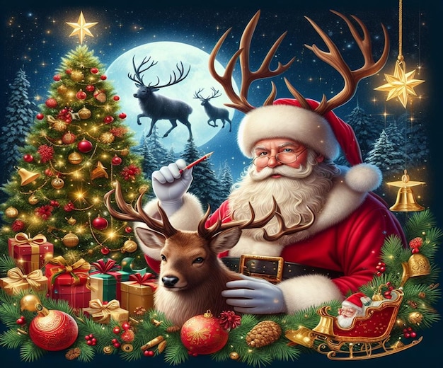 una imagen de una santa y un ciervo con un árbol de Navidad en el fondo