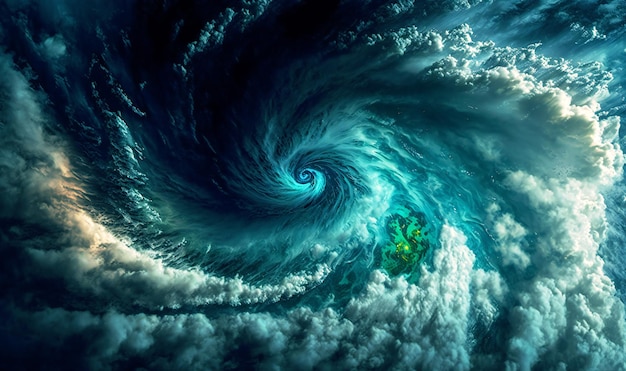 Una imagen satelital que muestra un gran e intenso sistema de tormentas tropicales sobre el océano.