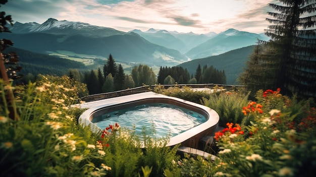 Foto una imagen seductora de un lujoso jacuzzi al aire libre situado en medio de un espectacular paisaje alpino que ofrece una experiencia de spa única e indulgente