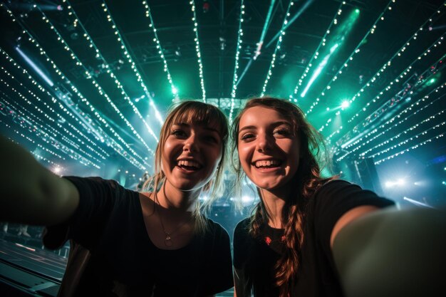 Foto imagen de selfie de dos mujeres jóvenes en un concierto en una arena cubierta gigante