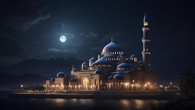 Una imagen serena en 4K con una mezquita icónica por la noche