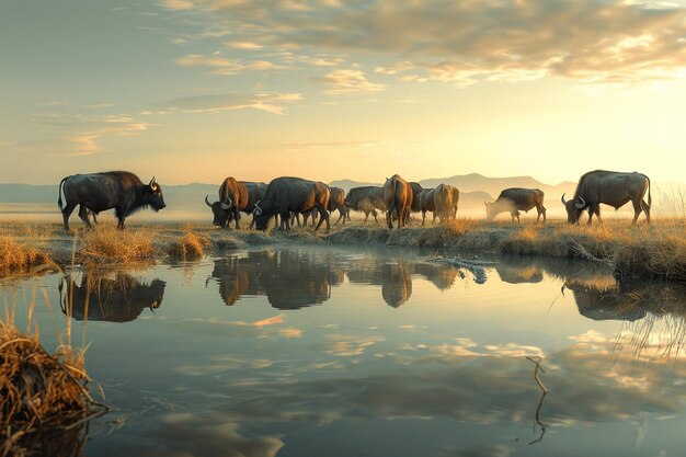 Una imagen serena de búfalos reunidos alrededor de un agua generativa ai