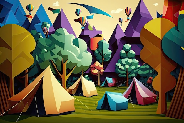 Una imagen serena de coloridas tiendas de campaña instaladas en un exuberante campo verde con una vista lejana del escenario del festival al fondo Generado por IA