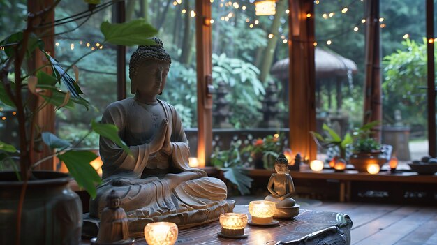 Foto una imagen serena de una estatua de buda sentada en un jardín pacífico