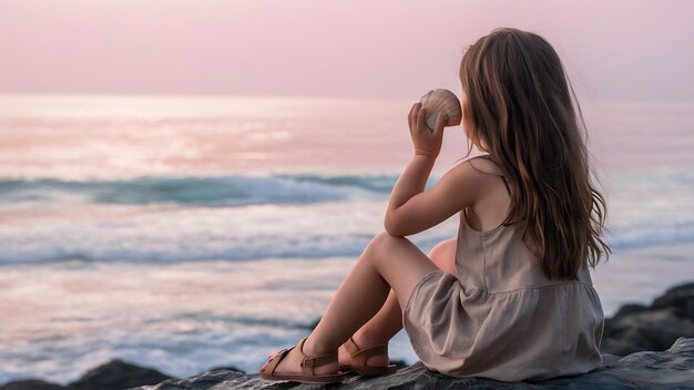 Una imagen serena de una joven sentada en una costa rocosa frente al océano