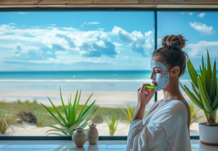 Una imagen serena de una mujer aplicando una máscara calmante de aloe vera con una vista pacífica de la playa visible a través de una gran ventana capturando un momento de relajación definitiva