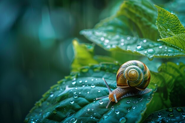 Una imagen serena que captura un caracol posado en un áis generativo de dewk