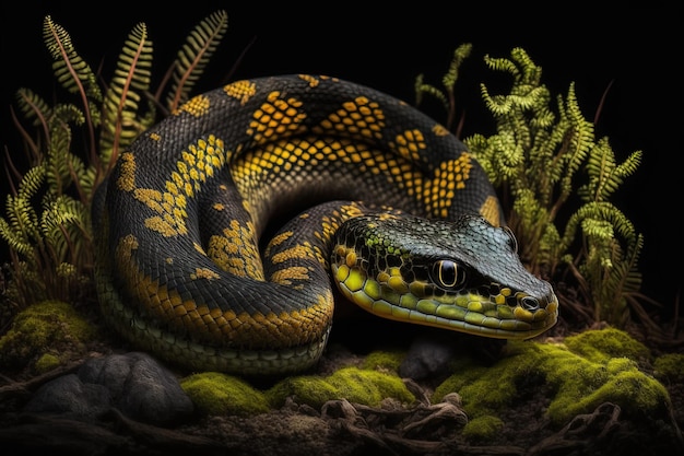 Imagen de una serpiente boiga cynodon sobre un fondo oscuro con algo de musgo. Una mirada de cerca.