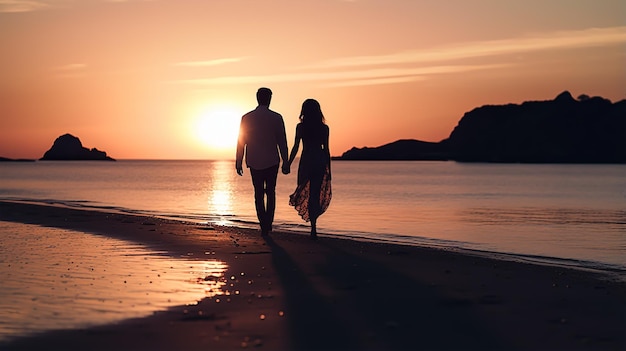 imagen de silueta oscura de una encantadora pareja va a la playa