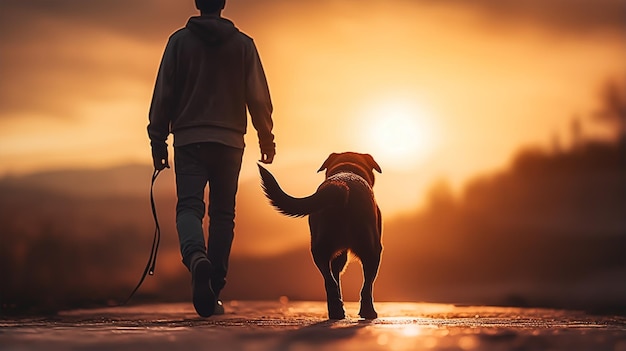 Foto imagen de silueta oscura de un hombre caminando con un perro