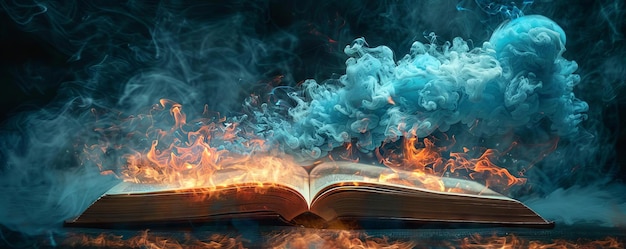 Una imagen simbólica de un libro antiguo con páginas que queman el humo que se convierten en palabras que deletrean la contaminación del aire