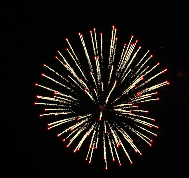 Foto imagen simétrica de fuegos artificiales explotando en el cielo negro