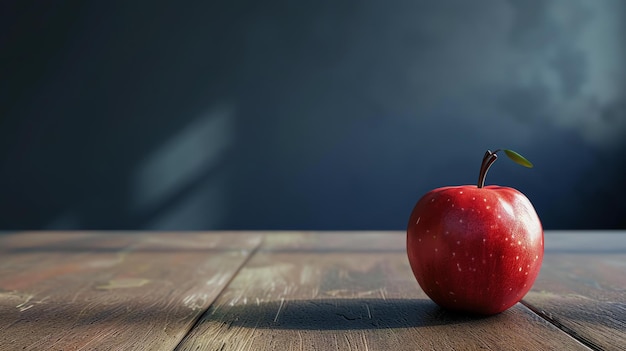 Una imagen simple de una manzana roja en una mesa de madera La manzana está en foco y el fondo está borroso