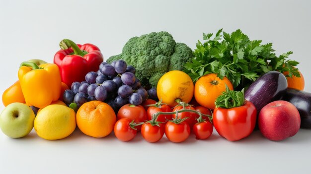 Foto imagen simple pero efectiva que muestra una selección diversa de frutas y verduras almacenadas juntas