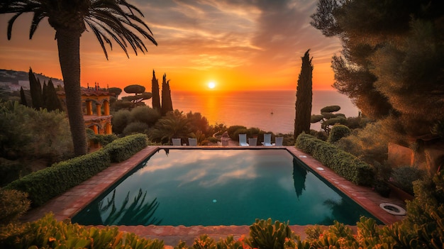 Una imagen sobrecogedora de la piscina infinita de una villa mediterránea con el telón de fondo de una ardiente puesta de sol sobre el mar