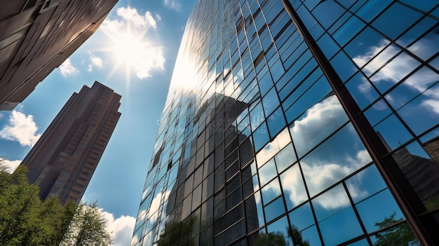 Una imagen sofisticada de un edificio de cristal moderno que refleja el sol brillante en un ángulo bajo único