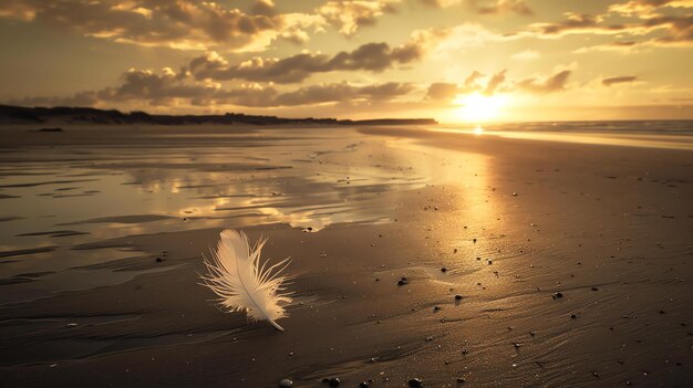 Imagen de una sola pluma blanca descansando en la arena de una playa al atardecer