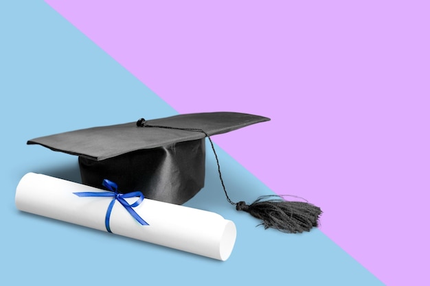 Foto imagen de sombrero académico con libros y diploma en fondo rojo tema de graduación