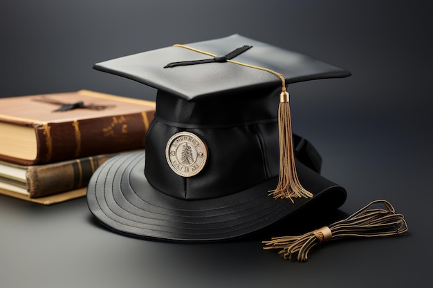 Imagen de un sombrero de graduación negro con libros IA generativa