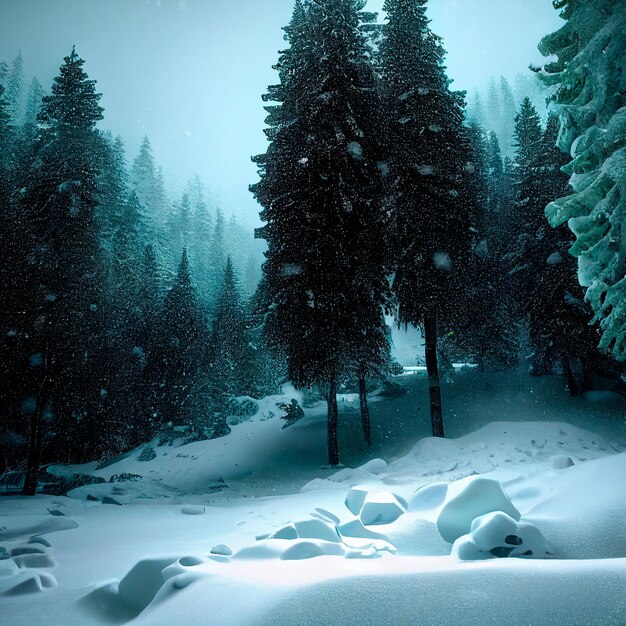 Imagen sombría de un bosque nevado