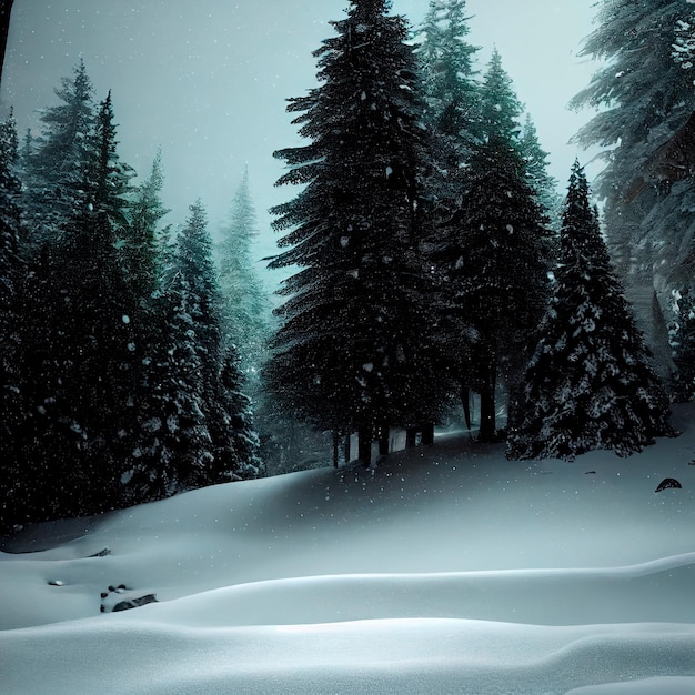 Imagen sombría de un bosque nevado