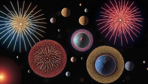 Una imagen soñadora y llamativa de fuegos artificiales y planetas en el cielo