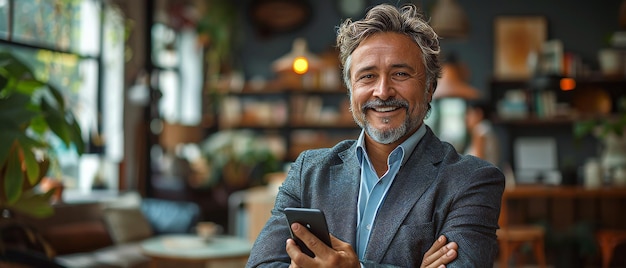 En esta imagen un sonriente y confiado director ejecutivo de una empresa de mediana edad sostiene su teléfono móvil mientras está de pie en su oficina usando tecnología de aplicaciones móviles de negocios y soluciones financieras en línea