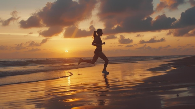 imagen de stock chica corriendo en la playa al amanecer atleta jog de la mañana IA generativa