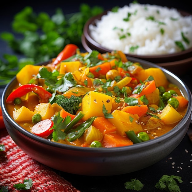 Foto imagen de stock de un cuenco de curry de verduras con arroz opción de comida colorida y sabrosa ia generativa