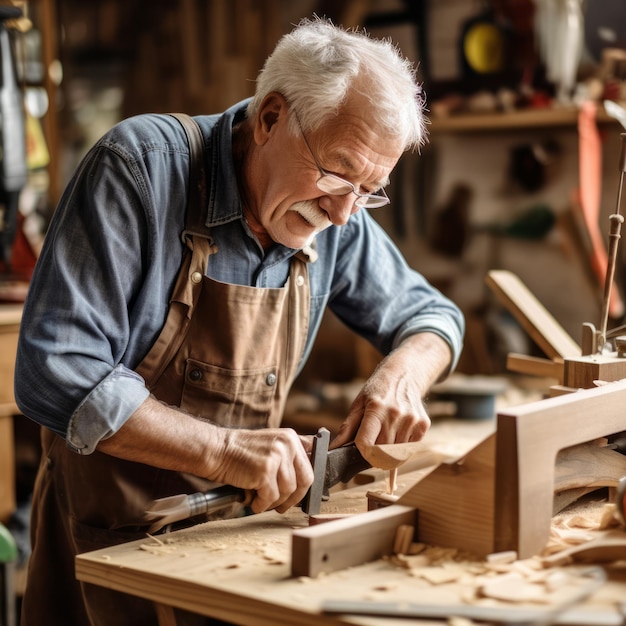 Imagen de stock de un hombre mayor practicando carpintería en su taller hábil y creativo IA generativa