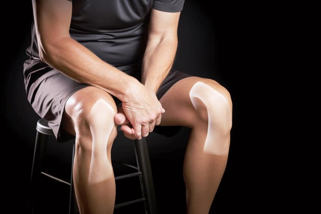 Imagen de stock Hombre relajado sentado en una silla con vendaje de rodilla mejorado por IA generativa