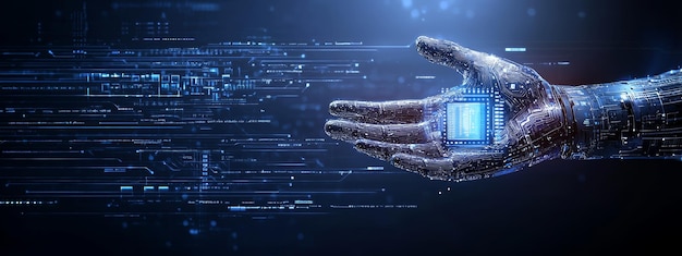 Una imagen de stock con minería de datos de aprendizaje profundo de IA y otras tecnologías informáticas avanzadas representadas con una mano tocando un icono de CPU en la interfaz de usuario