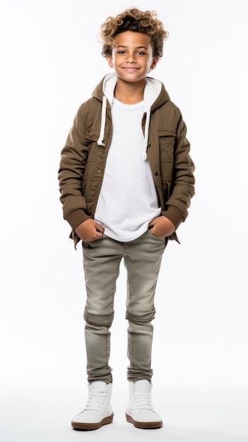 Imagen de stock de un niño con ropa casual de moda en un telón de fondo blanco IA generativa