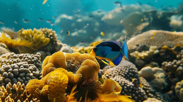 Imagen submarina de un arrecife de coral vibrante y colorido con un pez amarillo nadando cerca de él