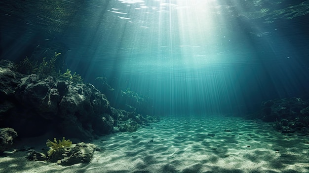 Una imagen submarina del fondo del océano con la luz del sol brillando a través del agua.