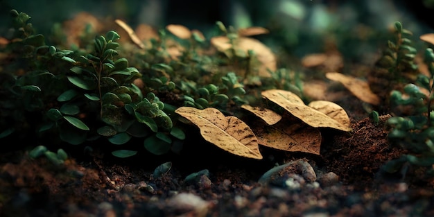 Una imagen del suelo del bosque en detalle bajo el sol de la mañana