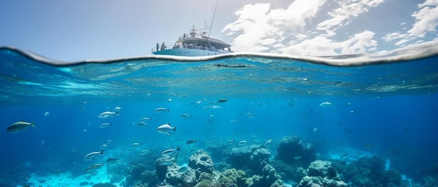 imagen sumergida dividida por la línea de flotación tres doplhins nadando bajo el agua bajo el barco de buceo.