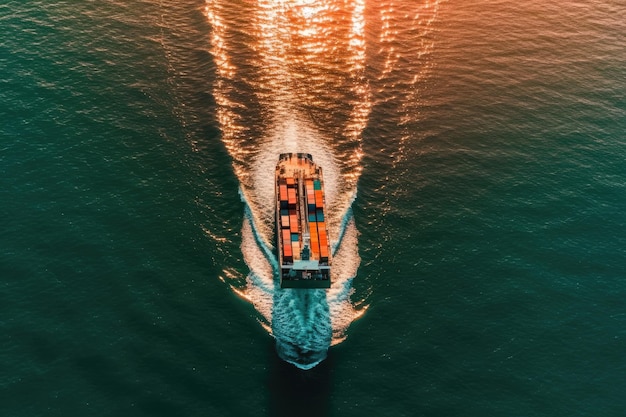 Imagen superior aérea de un buque portacontenedores oceánico que transporta mercancías