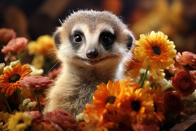 Imagen de un suricata con flores de colores