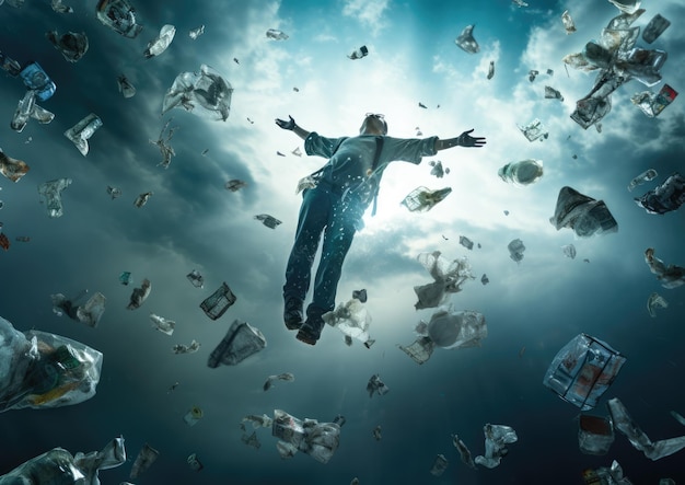 Una imagen surrealista de un basurero flotando en el aire rodeado de bolsas de basura flotantes y