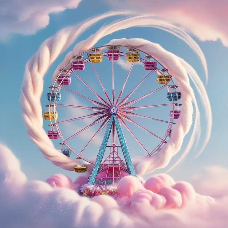 Imagen surrealista de una colorida rueda gigante que emerge de las nubes