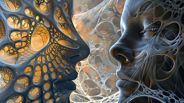 Imagen surrealista y detallada de dos seres alienígenas hechos de un material extraño con una estructura similar a una red
