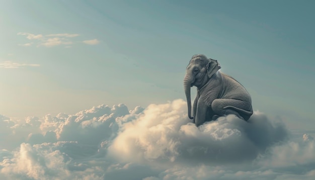 Imagen surrealista de un elefante tranquilo sentado encima de nubes esponjosas contra un cielo suave